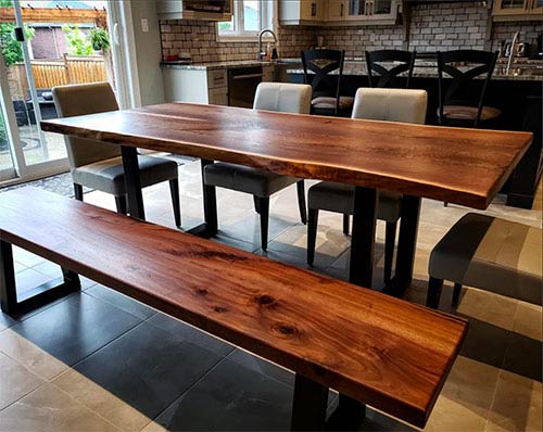 live edge black walnut table and bench